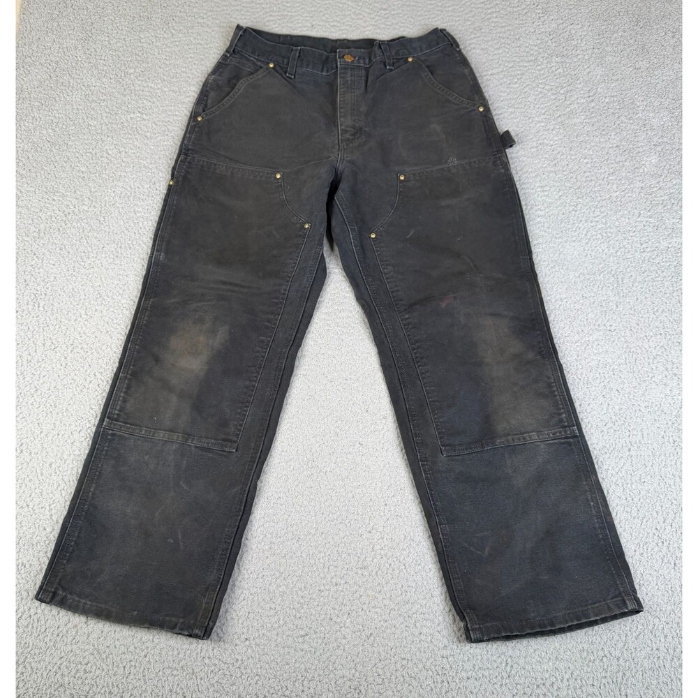 CARHARTT Black Double Knee Carpenter Pant Men 34x30 Black Workwear Utility Faded
